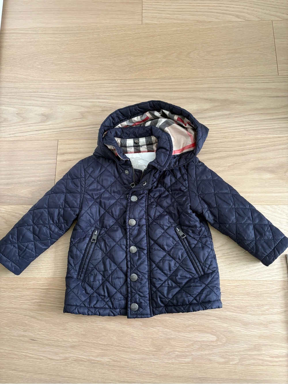 Burberry Navy Quilted Hooded Kids Jacket with Vintage Check Lining